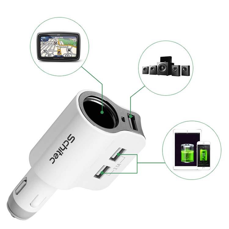 car USB adapter white 3 USB slot charger
